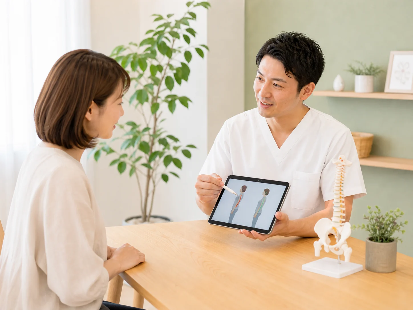 姿勢やセルフケアのアドバイスをしている様子