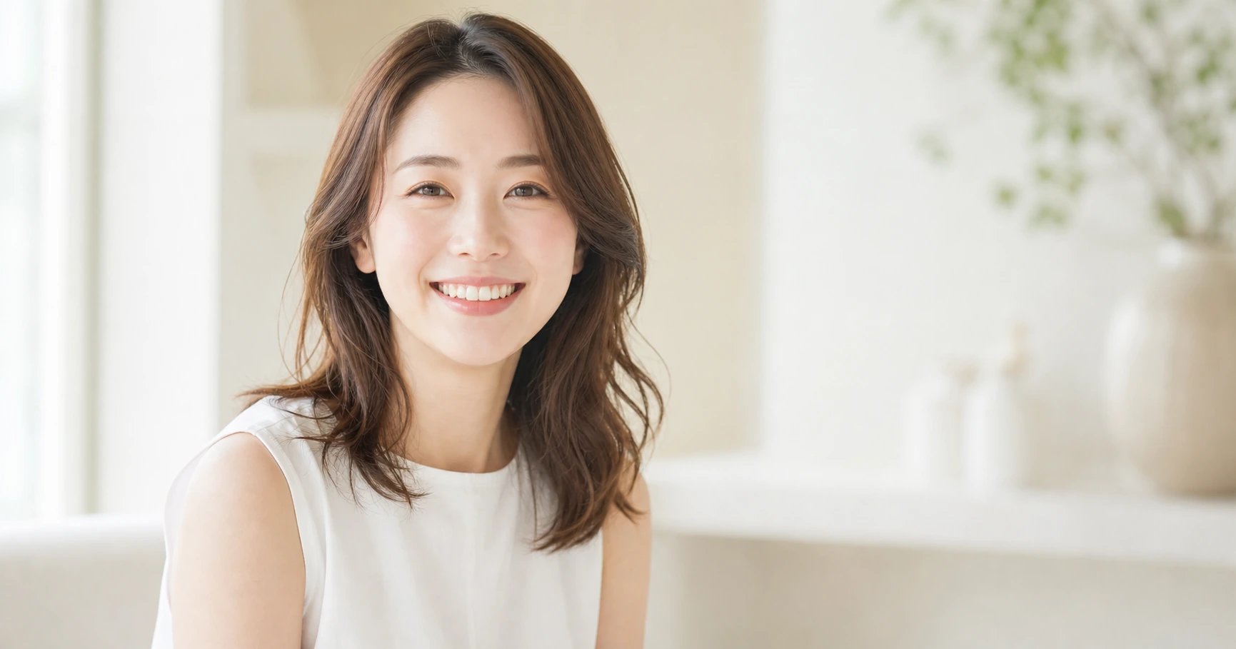 自然に笑う白いトップスの女性