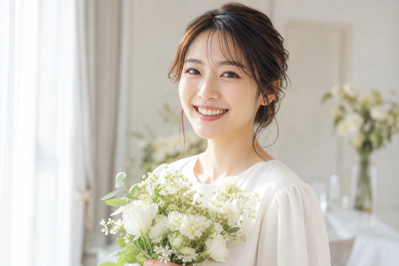 白い花を持って笑顔を見せる女性