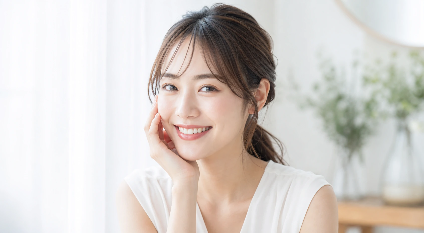 頬に手を添えて明るく笑う女性