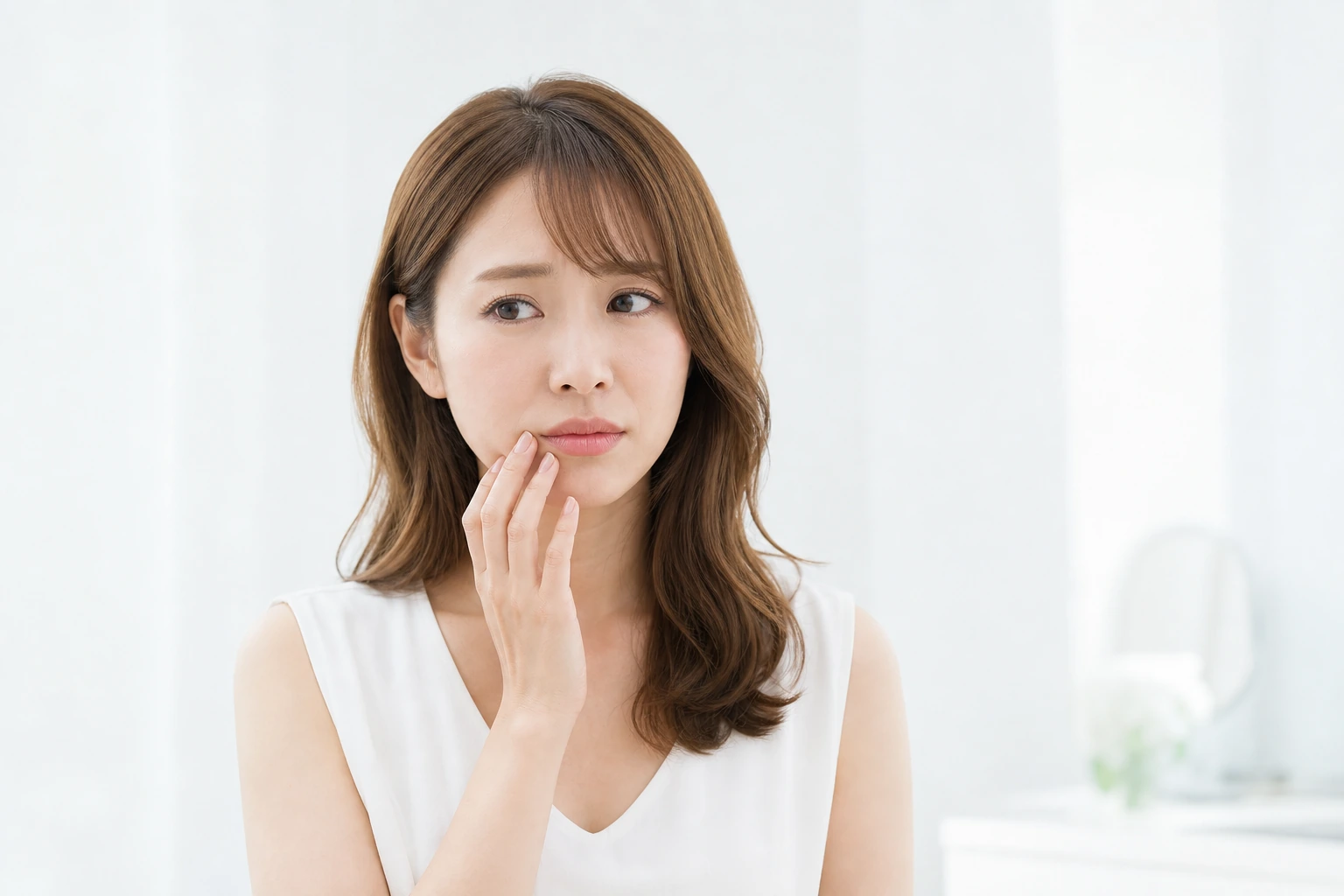 歯の色を気にして口元に手を添える女性