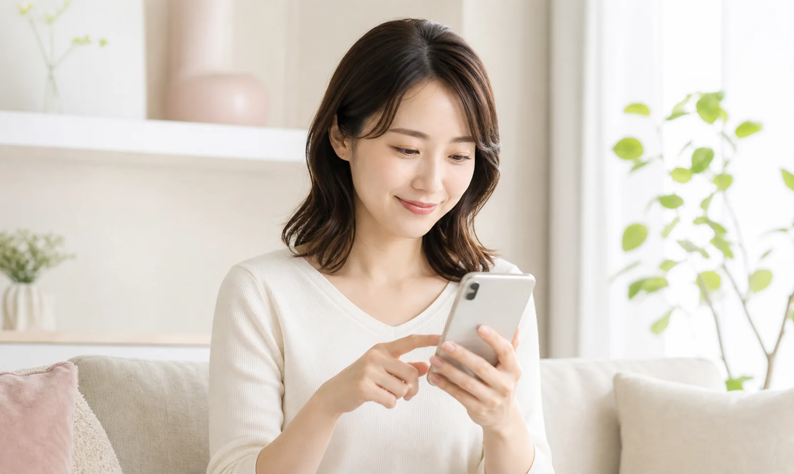 スマートフォンで予約する女性
