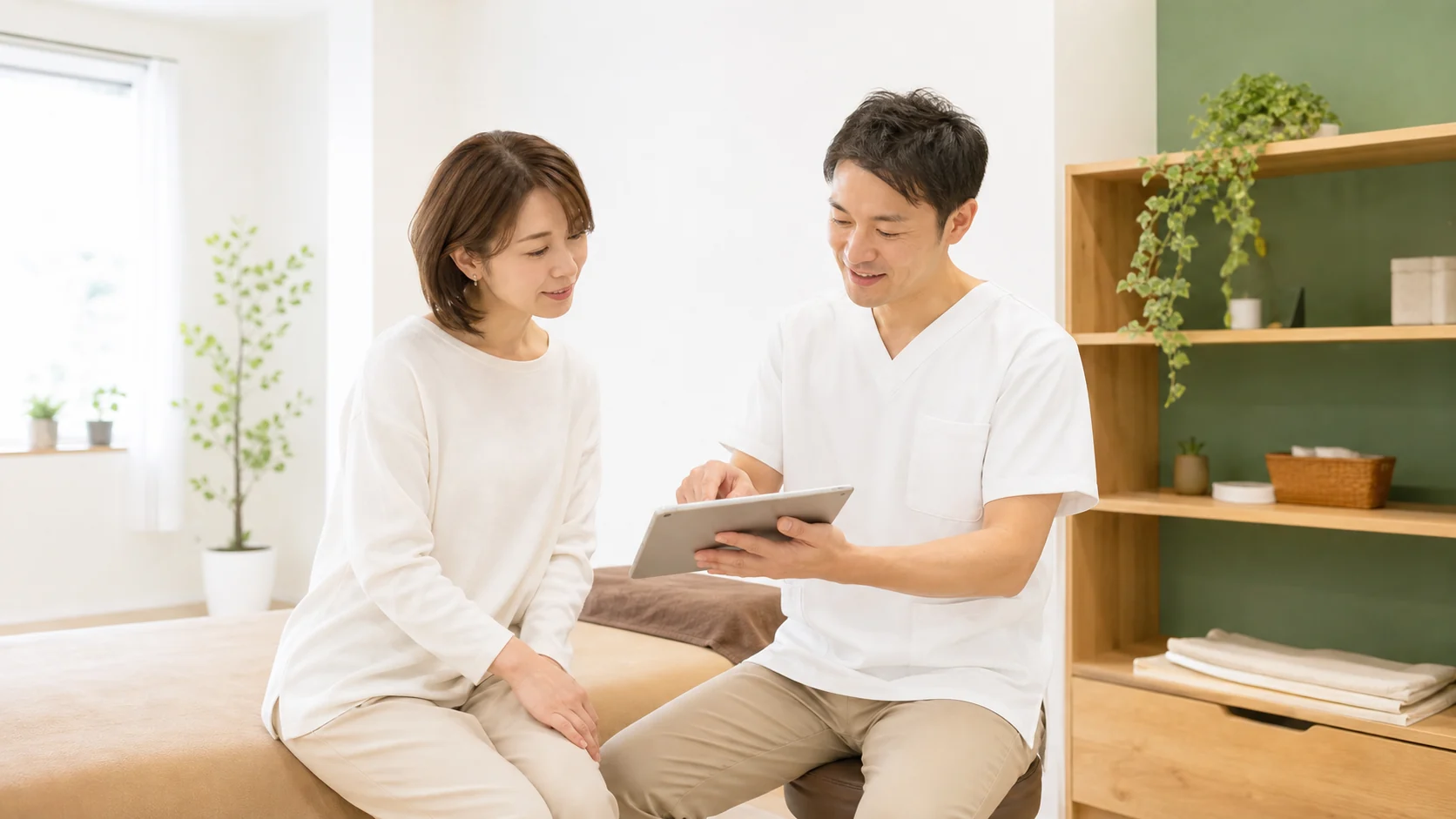 明るい整体院で施術者が女性に身体の状態を説明している様子