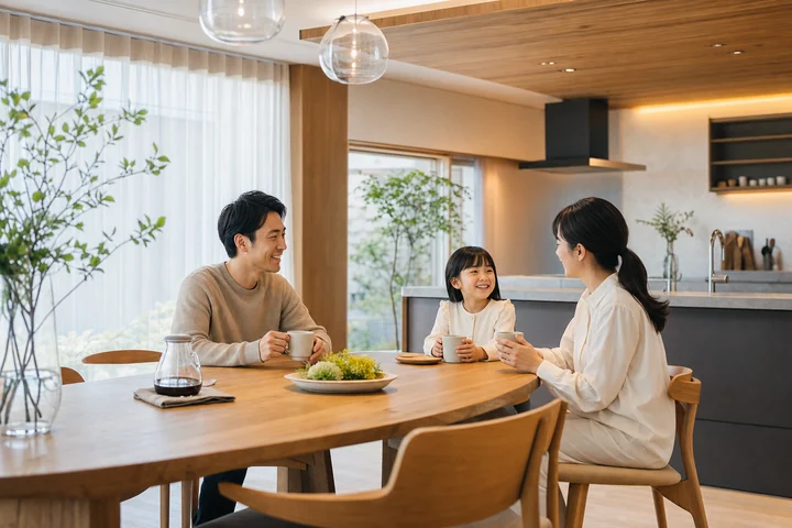 家族がダイニングでくつろぐ様子