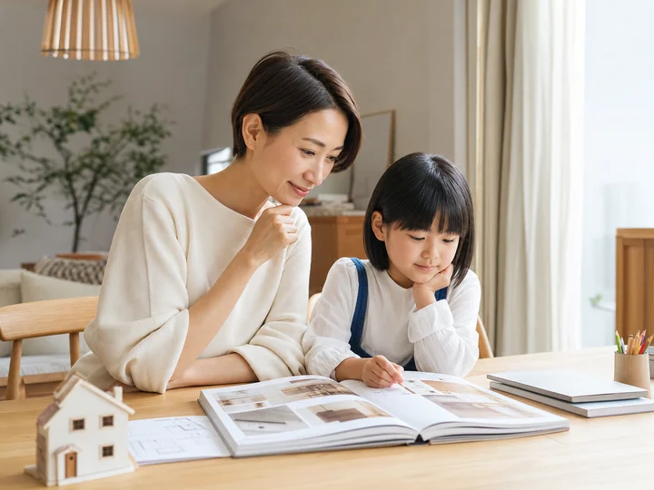 親子で住宅カタログを見る様子