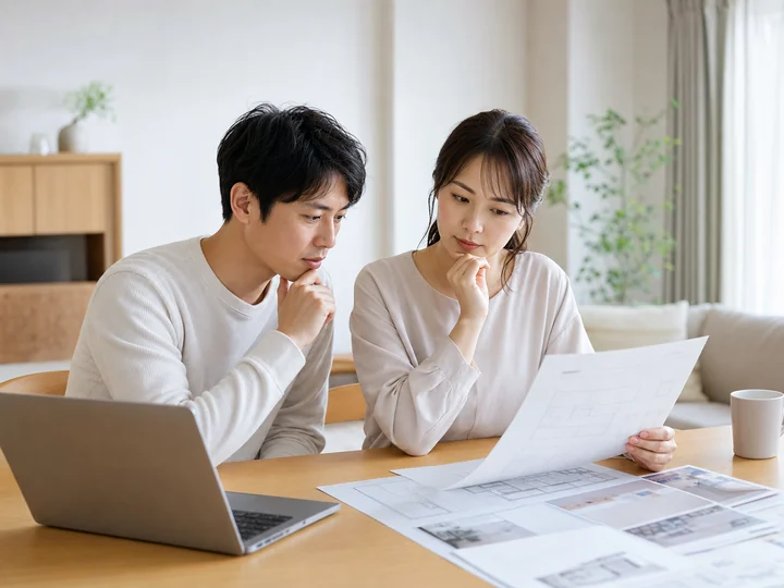 リフォーム資料を見ながら悩む夫婦