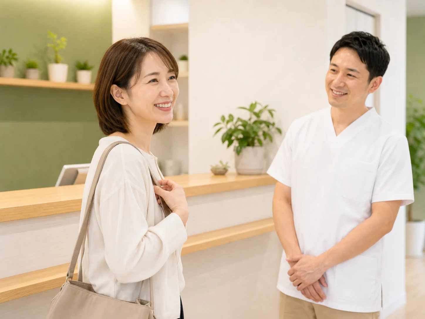 受付で笑顔の患者と施術者が話している様子